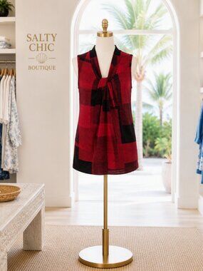 Karl Lagerfeld Red and Black Sleeveless Draped Neck Top